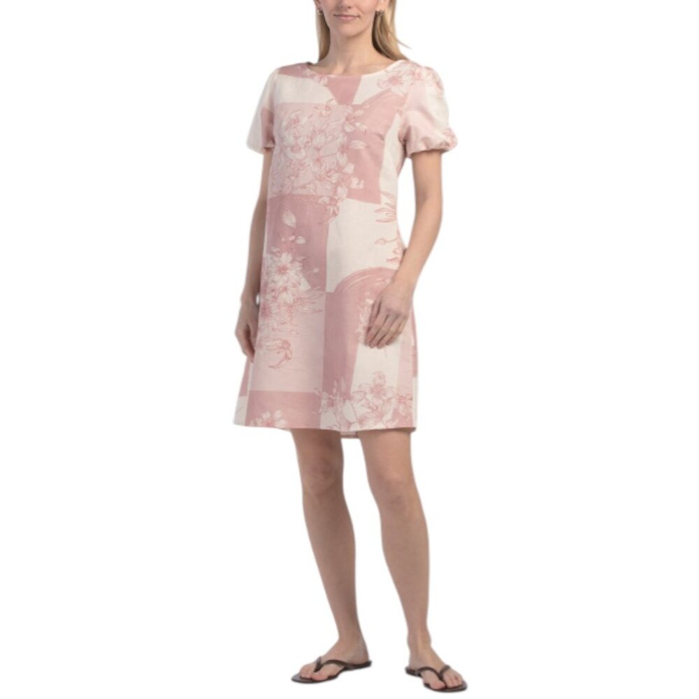 SPIGHE DI LINO Made In Italy Linen Blend Ball Short Sleeve Printed Mini Dress